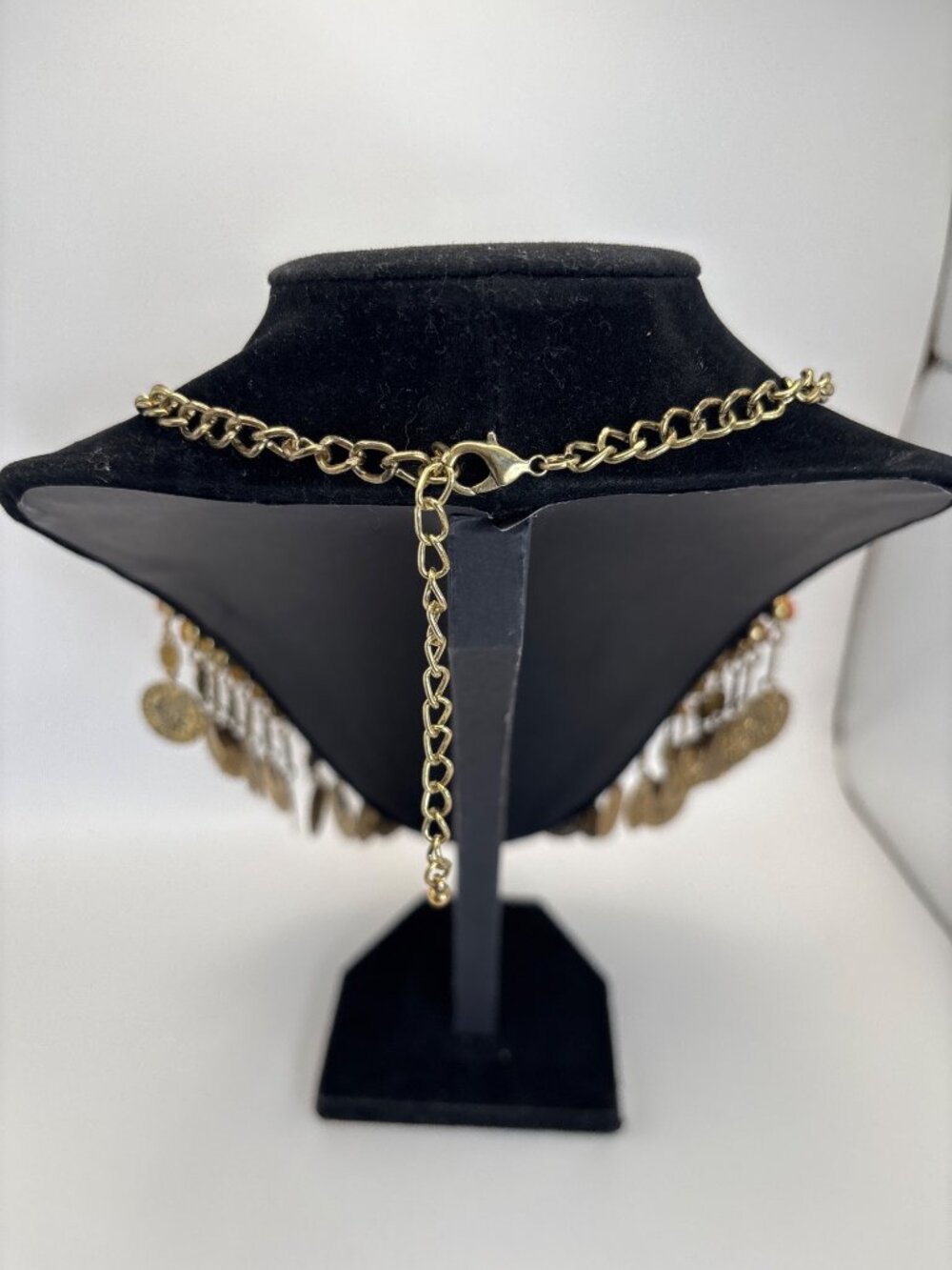 Egyptian Revival Style Gold Tone Coin Orange Beads Bib Collar Statement Necklace - Picture 4 of 5